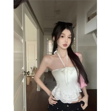 法式甜美蝴蝶结蕾丝挂脖背心修身百搭带胸垫打底衣