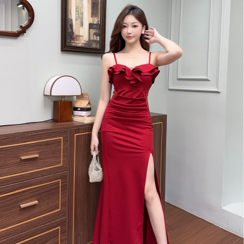FA35290# 一字肩吊带连衣裙高级感收腰修身包臀开叉礼服裙 服裝批發女裝批發服飾貨源