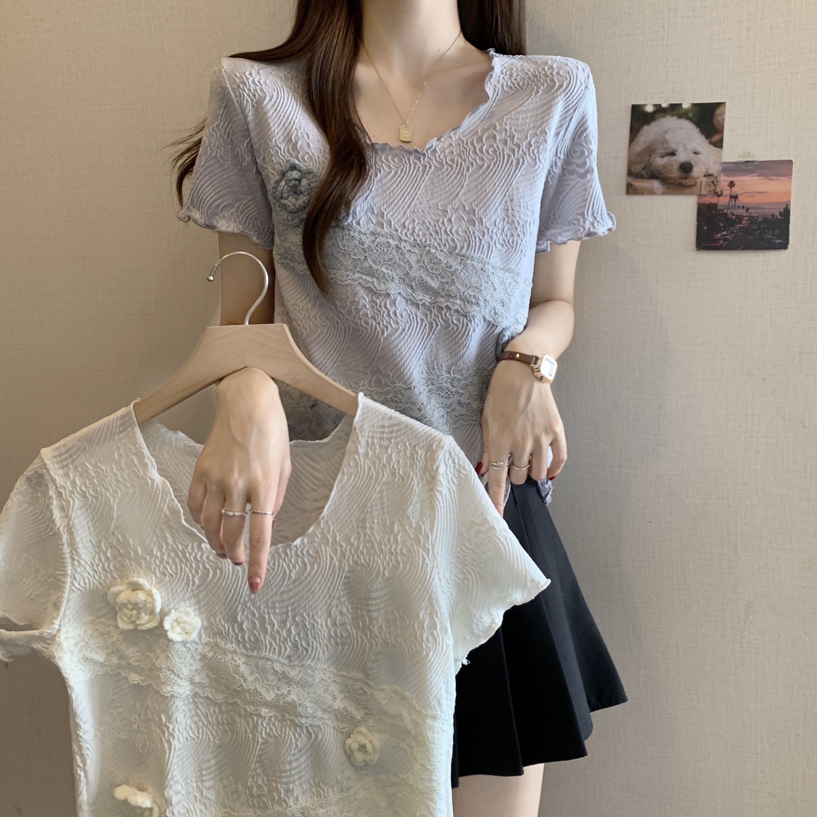 FA34393# 大码女装立体花朵拼接蕾丝短袖女夏季新款圆领百搭上衣 服裝批發女裝批發服飾貨源