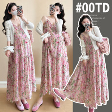 批发实拍新款大码孕妇套装雪纺碎花孕妇吊带裙＋防晒小开衫两件套