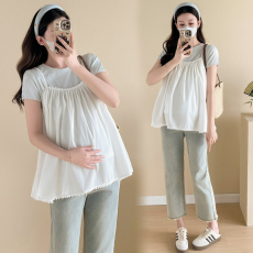 批发实拍新款孕妇<b class='q'>夏</b>宽松显瘦甜美娃娃衫时尚百搭两件套上衣