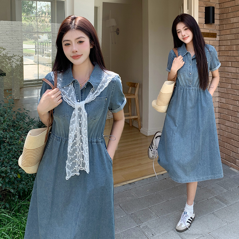 2026 봄 여름 새로운 빅 사이즈 여성 의류 허리 수축 슬림해 보이는 레이스 숄 디자인 센스 하이웨이스트 한 마디 데님 드레스