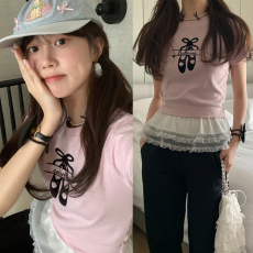 批发实拍 少女感 芭蕾鞋字母印花小众蝴蝶结领百搭<b class='q'>短袖</b>简约T恤