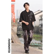 批发新中式国风竹子刺绣短袖衬衫男夏季休闲唐装外套痞帅高级感衬衣服