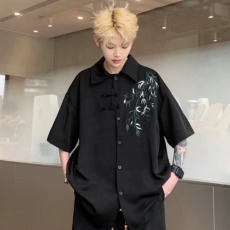 批发新中式轻国风道袍竹子刺绣衬衫男款夏古风唐装盘扣短袖衬衣宽松型