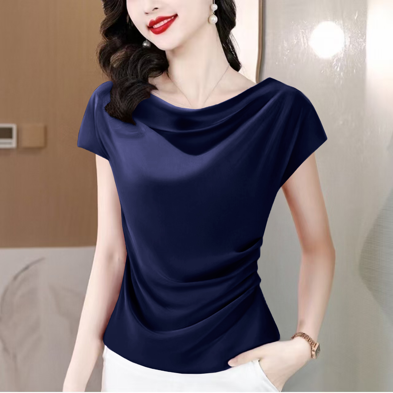 MY11871# 实拍现货 法式小众独特超柔缎面上衣高级感成熟紫色荡领衬衫女夏