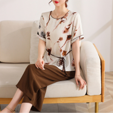 批发2025<b class='q'>春</b>夏新款妈妈真丝雪纺套装中老年女装短袖碎花小衫洋气上衣服
