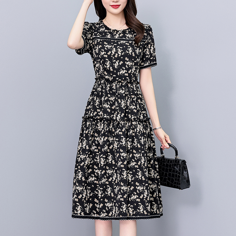 MY5179# 时尚洋气碎花中长款修身显瘦大码女装胖mm胖妹妹短袖连衣裙夏新款女裝貨源服裝批發