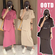 批发孕妇2025夏季套装宽松显瘦开叉字母T+高腰无托腹抽绳开叉裙