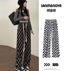 批发黑白格子阔腿裤女夏秋潮<b class='q'>牌</b>高腰垂感休闲直筒裤宽松冰丝棋盘格裤子