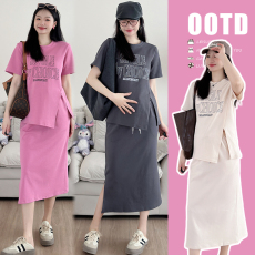 批发实拍 孕妇2025夏两件套开叉小心机T恤+抽绳无托腹开叉半身裙