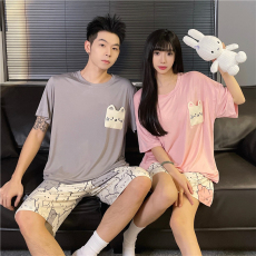 批发黛琳芬莫代尔短袖短裤女士睡衣夏天薄款情侣款家居服男士130