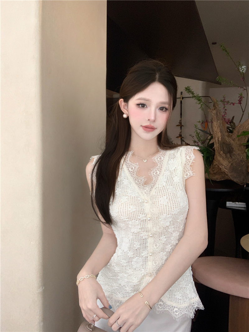MY3427# 夏季新款时尚百搭无袖内搭蕾丝边V领打底上衣背心女女裝貨源服裝批發