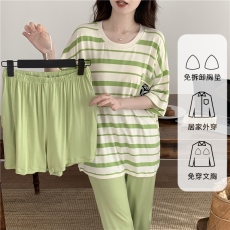 批发黛琳芬莫代尔带胸垫短袖短裤长裤三件套春夏新款女士家居服130