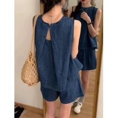 批发韩系ins风圆领<b class='q'>牛仔</b><b class='q'>背心</b>后背设计感松紧腰短裤两件套