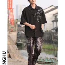 批发新中式国风竹子刺绣短袖衬衫男夏季休闲唐装外套痞帅高级感衬衣服