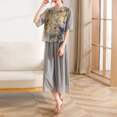 批发2025新款妈妈夏装真丝短袖T恤中年女装国风上衣中年雪纺裙裤套装