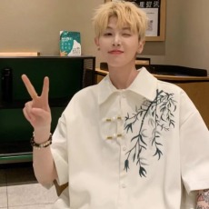 批发新中式轻国风道袍竹子刺绣衬衫男款夏古风唐装盘扣短袖衬衣宽松型