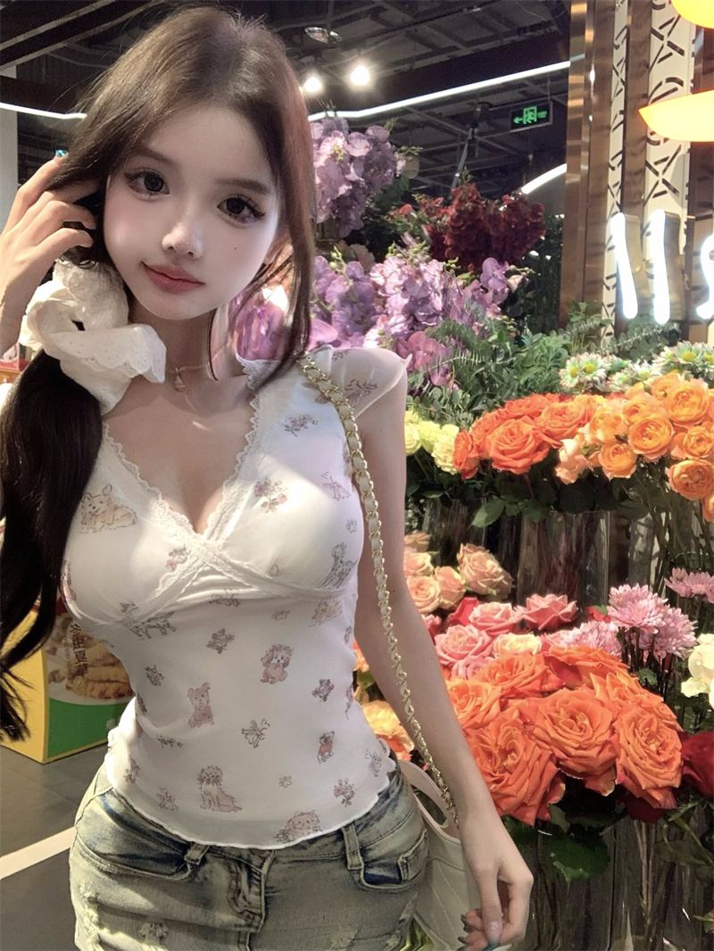 실사 정가 부서 연인 꽃무늬 V넥 레이스 십자가 반팔 티셔츠 여성 Z아 어깨 몸매 가꾸기 슬림해 보이는 맨위