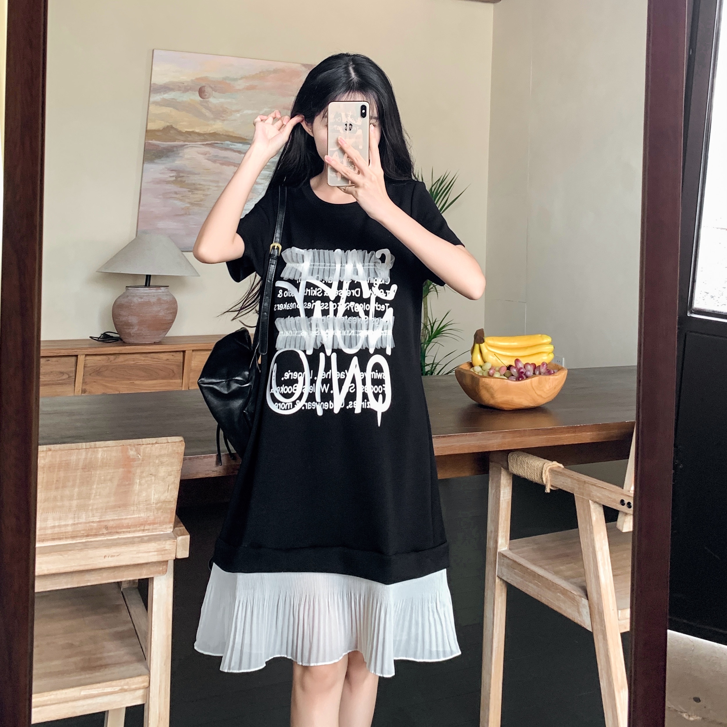 MY3076# 法式洋气字母印花连衣裙女大码胖MM宽松显瘦蕾丝拼接裙子女裝貨源服裝批發