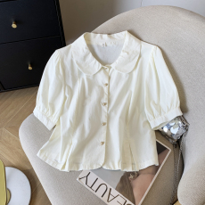 批发实拍 洗水棉娃娃领短袖衬衫女2025夏季新款宽松<b class='q'>百搭</b>短款小衫