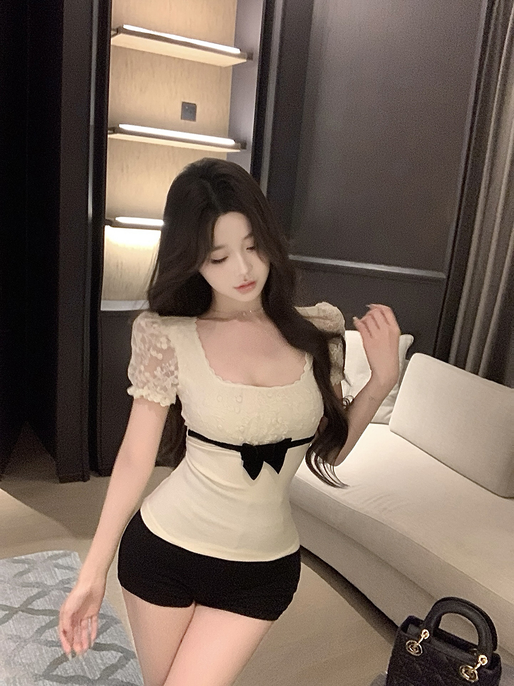 FA33309# 千金感拼接短袖蕾丝上衣女 服裝批發女裝批發服飾貨源