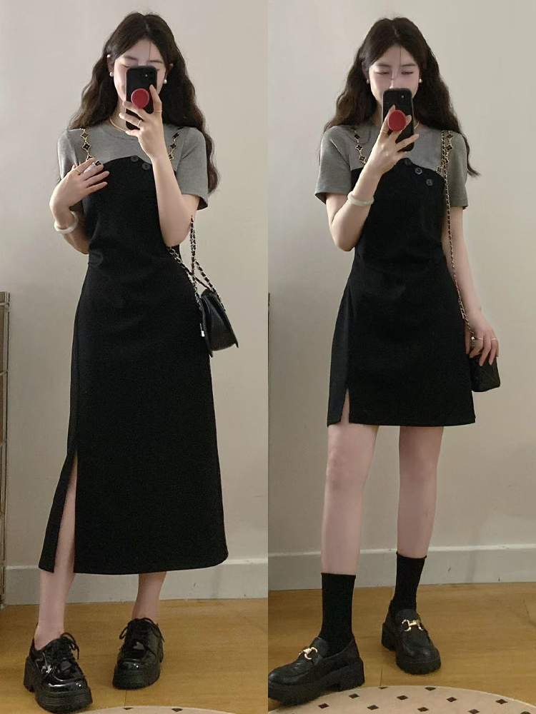RY5037#大码女装胖mm新款假两件拼接设计感收腰连衣裙