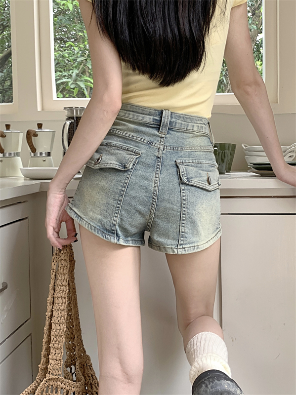 실사 아메리칸 레트로 핫걸 데님 반바지 한 마디 넓은 다리 타이트 스커트 핫 바지 실습 대 길다 다리