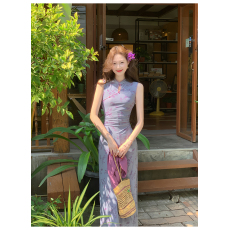 批发全包边绛2026夏季新中式碎花紫色弹力网纱无袖旗袍气质连衣裙女夏