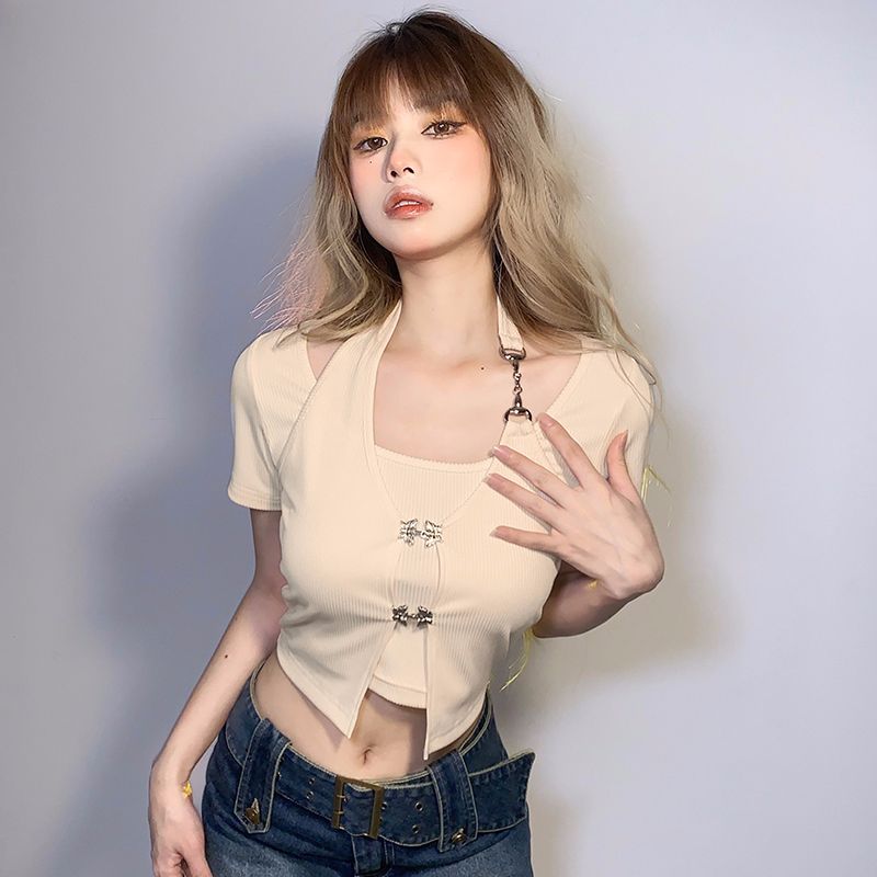 MY3216# 韩版chic夏季新款辣妹风露脐显瘦短袖上衣美式拼接设计感假...