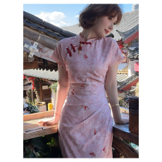 批发全包边夏季新款显瘦捏褶绑带收腰气质旗袍修身连衣裙日常可穿