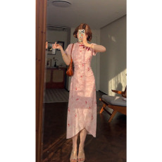 批发全包边新中式气质国风旗袍连衣裙2026夏季新款少女感收腰绑带长裙