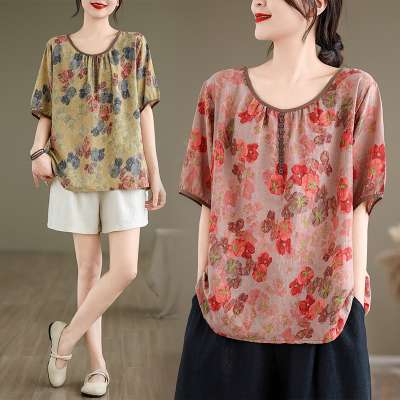 RY2587# 实拍夏季新款文艺休闲短袖小衫圆领套头印花宽松上衣女