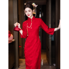 批发<b class='q'>红色</b>新中式新娘结婚全包边长旗袍新款年轻款高级感订婚<b class='q'>礼服</b>裙