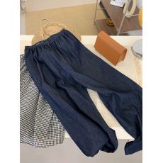 批发日韩外贸<b class='q'>尾</b>货<b class='q'>品牌</b>剪标复古慵懒风深蓝色天丝松紧腰垂感阔腿牛仔裤