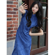 批发因蓝古法旗袍2026新款年轻款少女日常蓝色国风全包边优雅春夏宽松