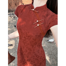 批发2026年新款喜乐新中式红色全包边改良旗袍女春夏流苏短袖<b class='q'>连衣裙</b>