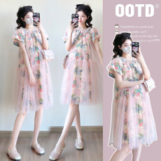 批发实拍碎花纱网拼接2025夏季新款彩色花朵宽松多巴胺孕妇<b class='q'>连衣裙</b>