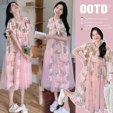 批发碎花纱网拼接2025夏季新款彩色花朵宽松多巴胺孕妇<b class='q'>连衣裙</b>