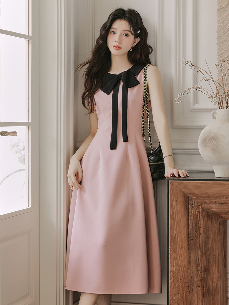 작은 샤넬 스타일 핑크색 나비 매듭 행침 목 여성 드레스 여름 프랑스식 허리 수축 천 금빛 바람 프릴 한 마디 치마