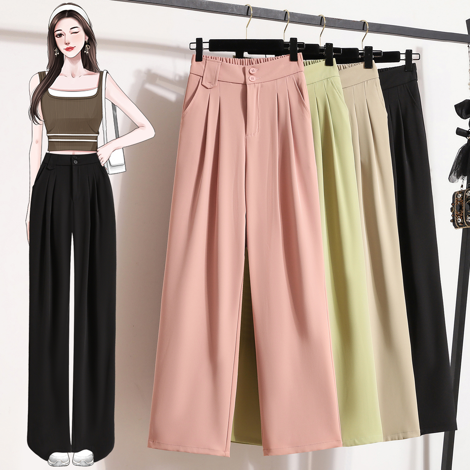 RY4007# 显瘦窄版高腰休闲女垂感宽松直筒裤阔腿裤