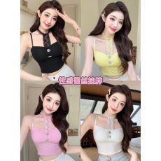 批发人棉上衣短款<b class='q'>修身</b>吊带背心内搭挂脖款爱心扣装饰小众拼接蕾丝