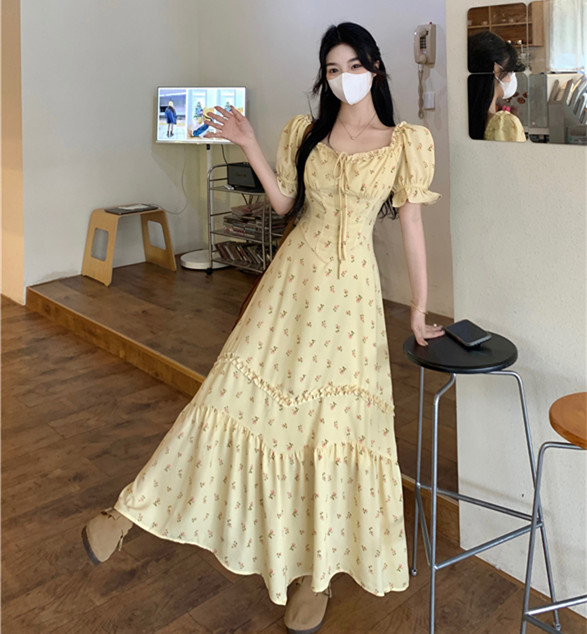실사 프랑스식 꽃무늬 여성 드레스 여름 레이스업 프릴 광장 칼라 허리 수축 쉬폰 차 휴식 치마 첫사랑 길다 치마