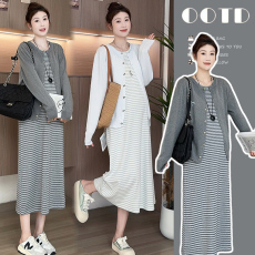 批发2026新款孕妇春季小熊金属扣蝴蝶刺绣开衫+宽松条纹背心<b class='q'>连衣裙</b>