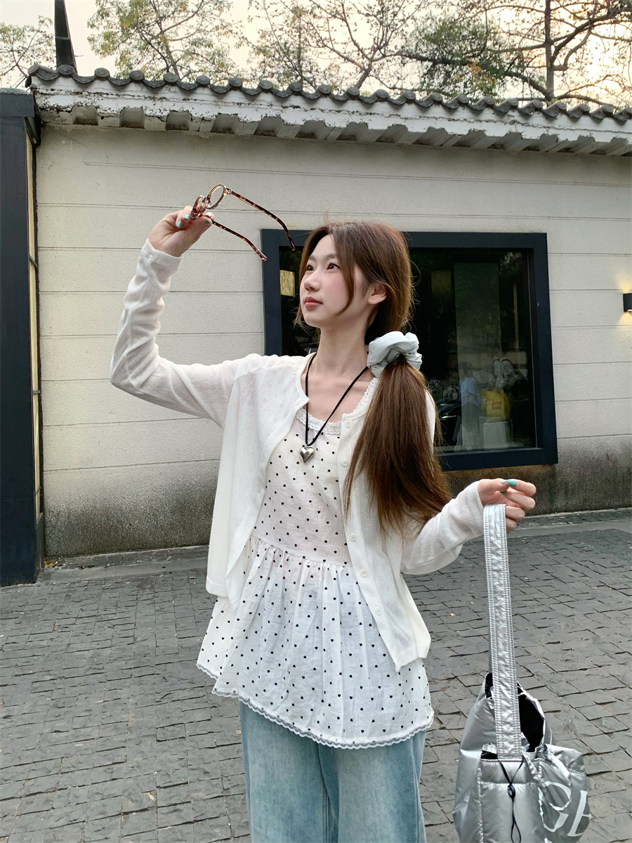 실사 정가 새로운 달콤함 레이스 레이스업 허리 수축 연령 감소 도트 무늬 조끼 스커트 오픈 가디건 맨위 투피스 세트