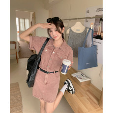 批发送皮带！夏新款法式收腰短裙气质短袖牛仔连衣裙女设计感粉色裙子
