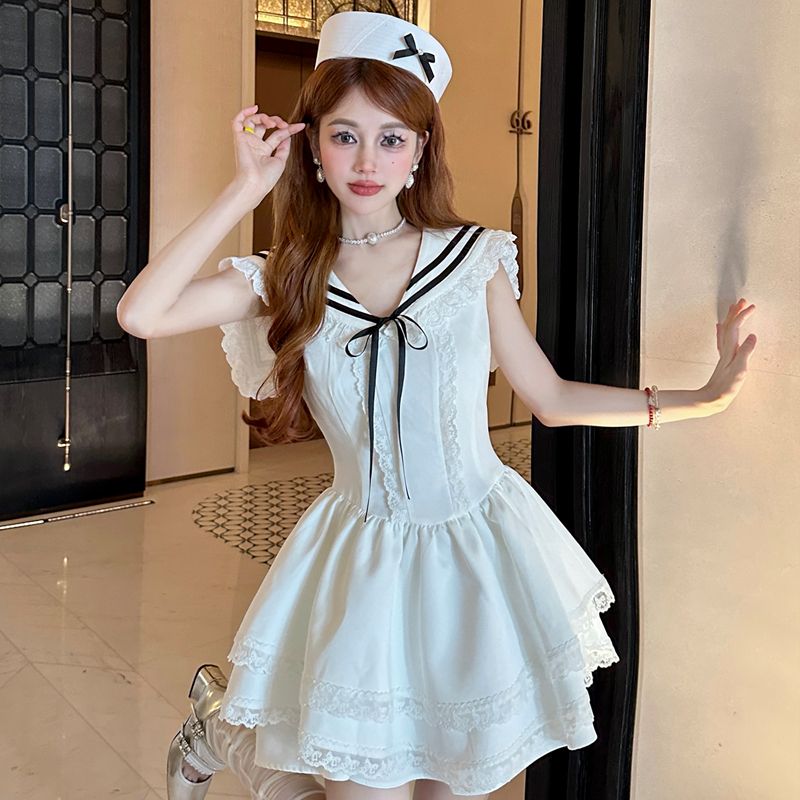 新款海军风少女感纯欲甜美小众设计感连衣裙夏小个子公主蓬蓬裙子 服裝批發女裝批發服飾貨源