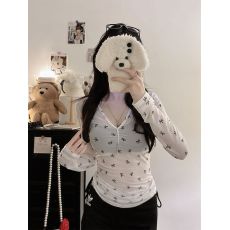 批发纯欲辣妹红色吊带假两件连体小胸聚拢长袖罩衫防晒性感女T恤