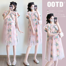 批发实拍碎花纱网拼接2025夏季新款彩色花朵宽松多巴胺孕妇<b class='q'>连衣裙</b>