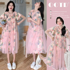 批发碎花纱网拼接2025夏季新款彩色花朵宽松多巴胺孕妇<b class='q'>连衣裙</b>